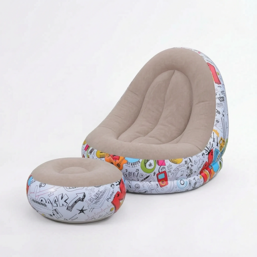 Durable PVC inflatable lounge chair with footrest, perfect for all-weather outdoor relaxation.