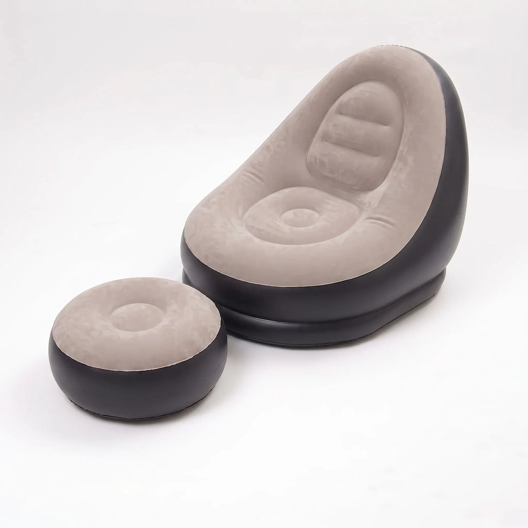 Lightweight, portable inflatable lounge chair with footrest, easy to move for camping or patio.