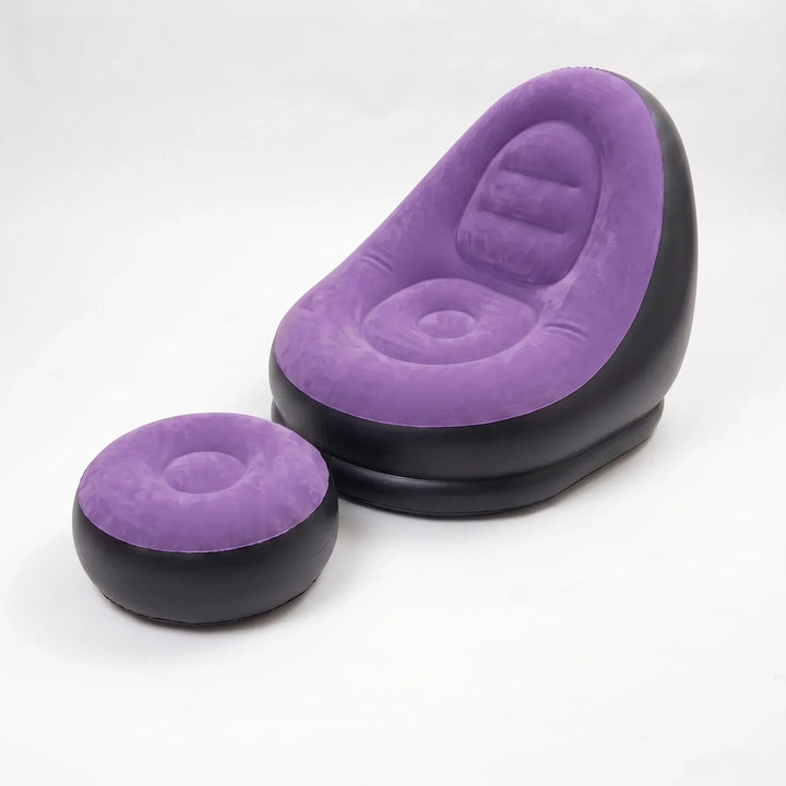 Full view of the ergonomic inflatable lounge chair with integrated footrest, ready for use.