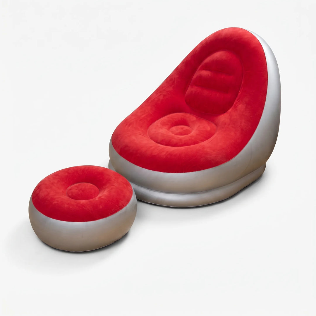 Versatile inflatable air chair and footrest set, suitable for indoor, outdoor, or camping use.