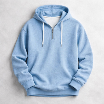 Stylish men's Henley waffle hoodie in a classic neutral tone, ideal for cozy winter layering.