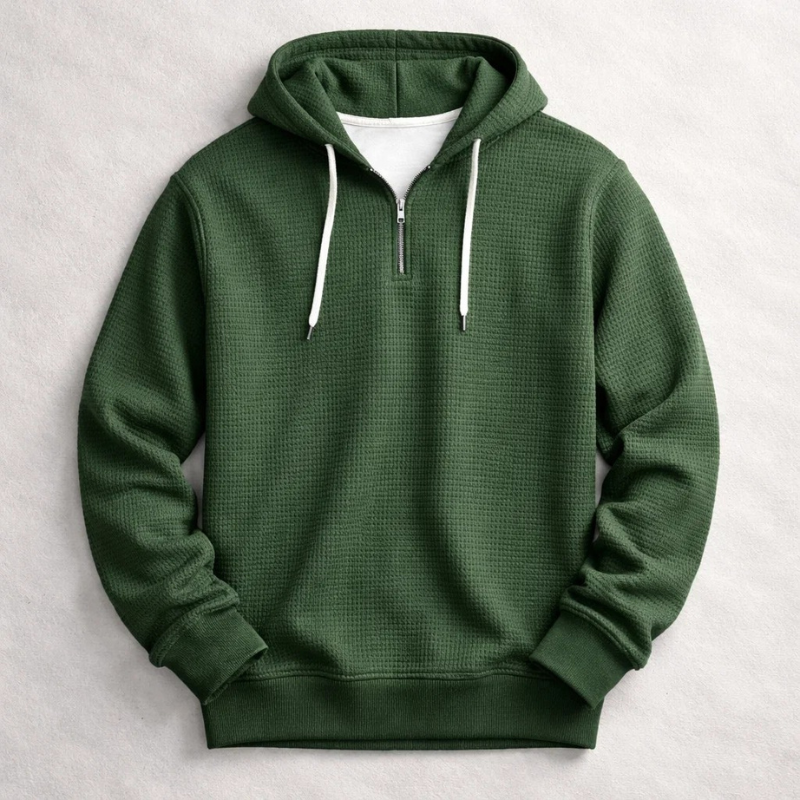 Soft men's waffle knit hoodie, great for everyday comfort and casual autumn outfits.