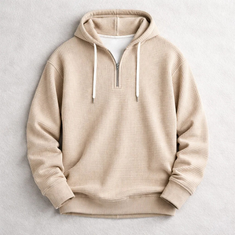 Relaxed fit men's waffle hoodie. Versatile & cozy for autumn and winter comfort.