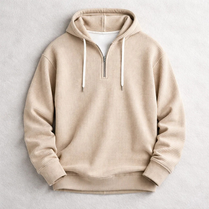 Relaxed fit men's waffle hoodie. Versatile & cozy for autumn and winter comfort.