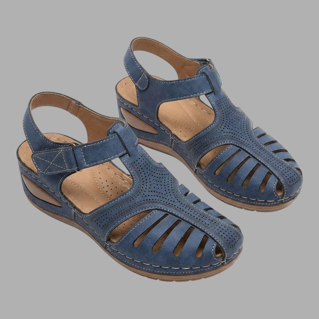 Comfortable women's beige wedge sandals for summer. Breathable open-toe design, perfect for casual everyday wear.