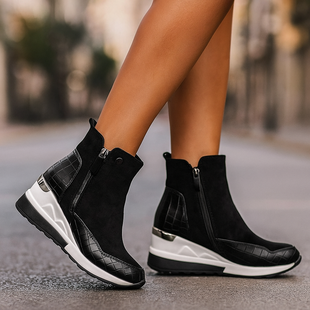 Stylish women's mid-top sneakers featuring arch support and a zipper closure for everyday comfort.