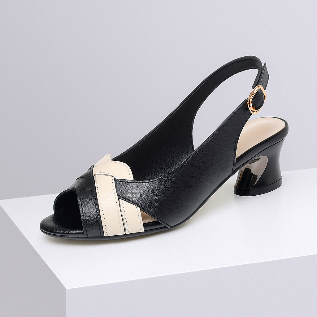 Elegant women's slingback block heels. Features chic woven straps & comfortable design for versatile styling.