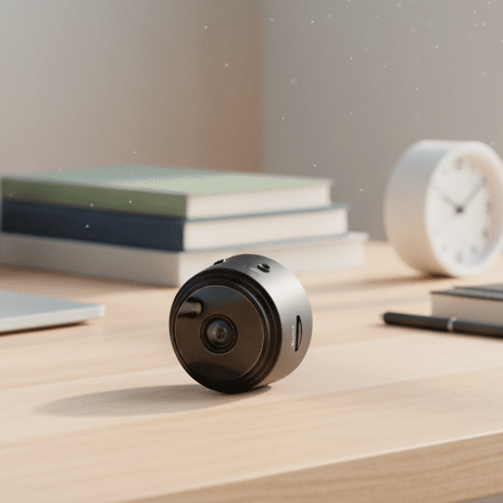 Crystal clear 1080P HD compact security camera with night vision, easily managed via mobile app.