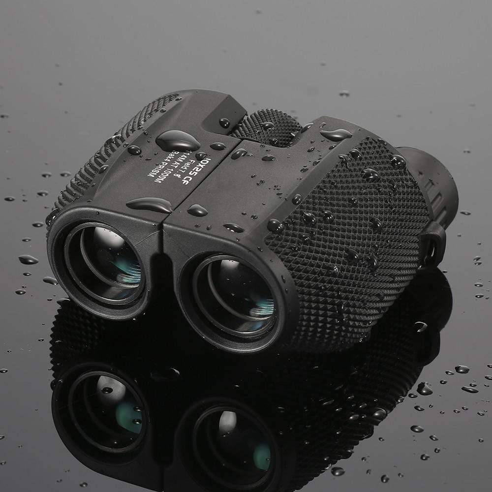 Compact 10x25 high power binoculars for outdoor adventures, showing front lens view