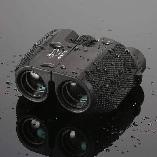 Compact 10x25 high power binoculars for outdoor adventures, showing front lens view