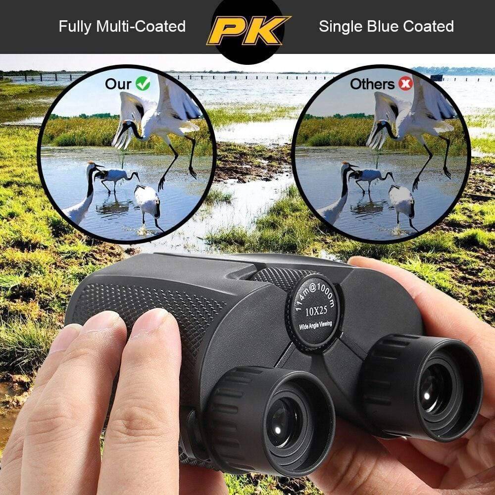Close-up of 10x25 binoculars, showcasing textured grip and focus wheel
