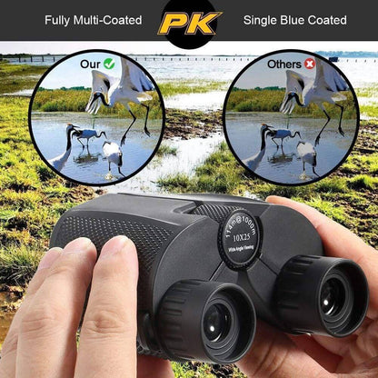 Close-up of 10x25 binoculars, showcasing textured grip and focus wheel