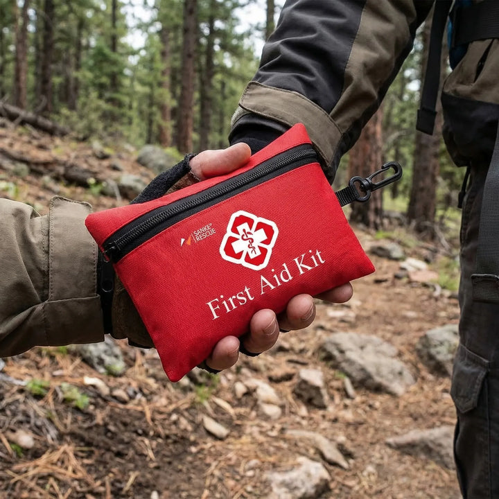 Compact 110-piece first aid kit pouch for travel, camping & hiking. Essential portable medical emergency survival gear.