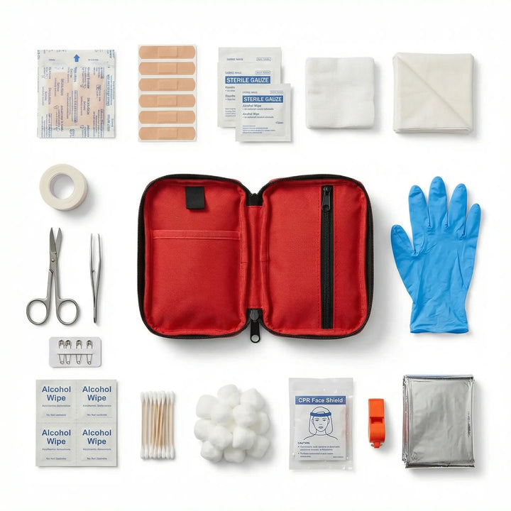 Portable 110-piece medical first aid kit pouch. Essential compact emergency gear for travel, car, home, or office.