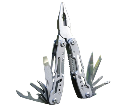 Compact 14-in-1 multitool, stainless steel, for camping, hiking, and survival gear
