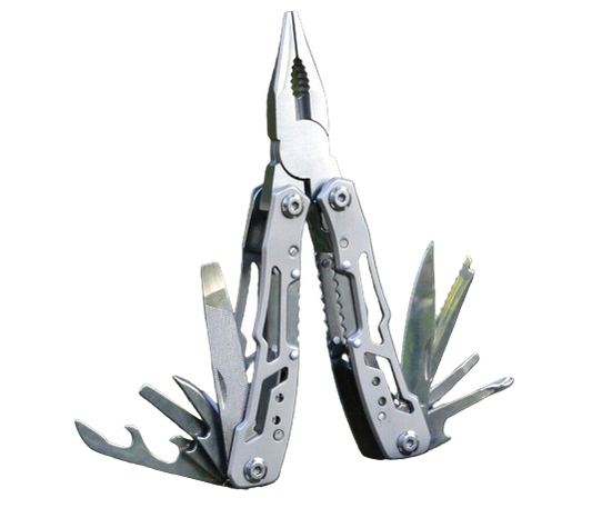 Compact 14-in-1 multitool, stainless steel, for camping, hiking, and survival gear