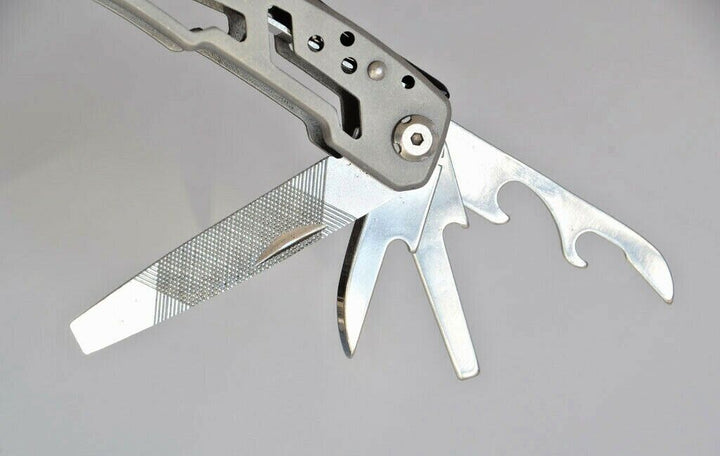 Detailed view of pocket knife blade on 14-in-1 multitool, stainless steel