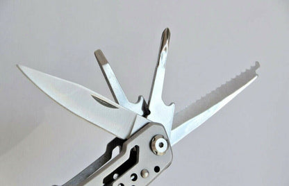 Multitool on a wooden surface, ready for camping, hiking, or everyday utility