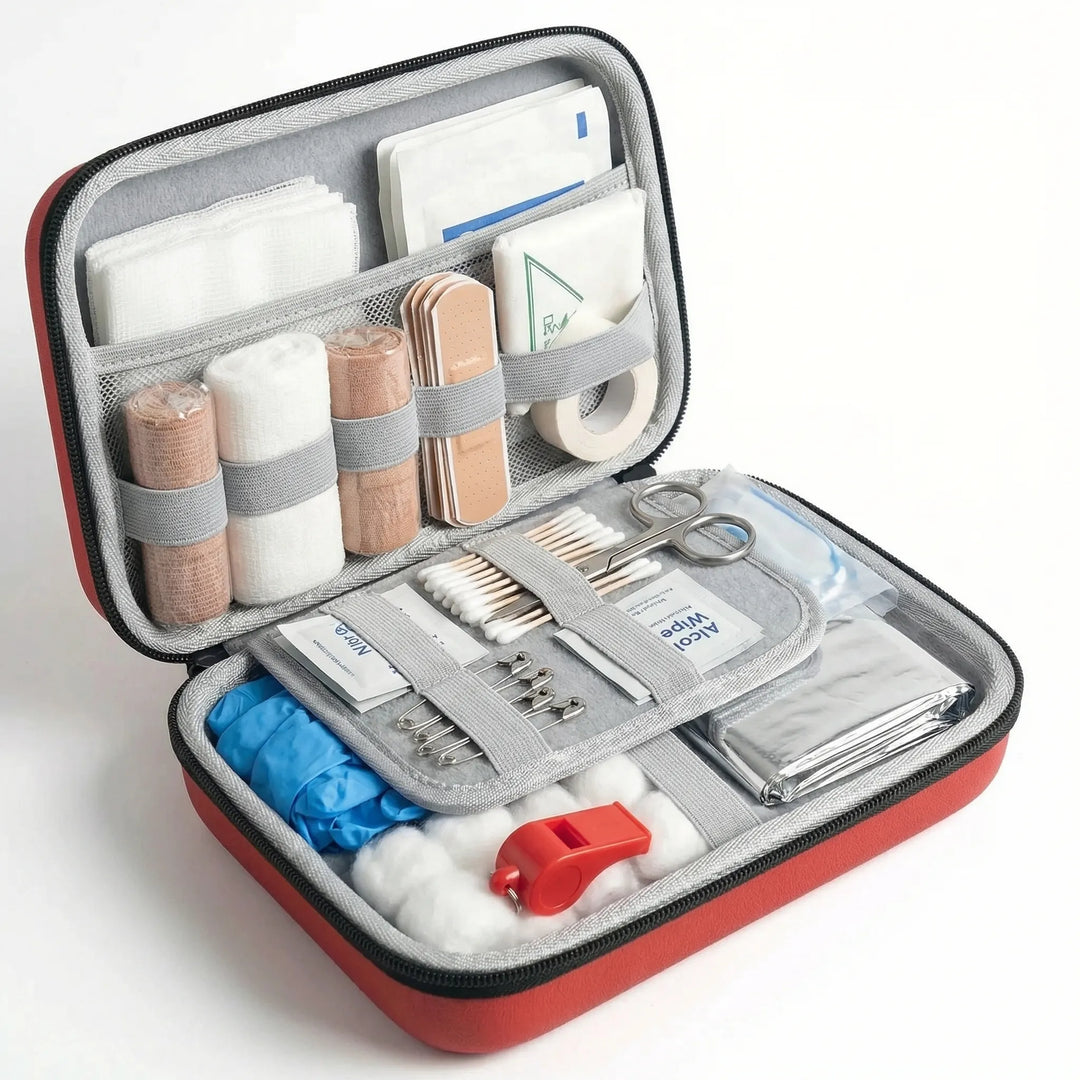 Unisex compact first aid kit with 38 essentials for car, office, travel, camping & home emergency use.