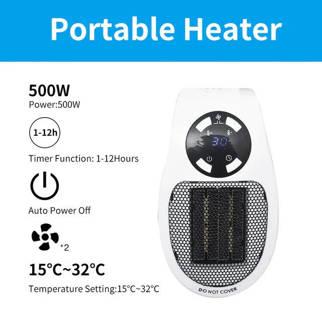 Modern 500W mini portable electric heater warming a small room. Quiet & energy-efficient personal space heating solution.