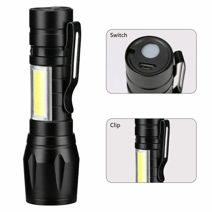 USB rechargeable 900 lumen tactical flashlight on a dark surface, highlighting beam