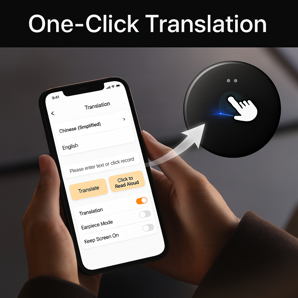 Sleek portable AI language translator device, offering real-time voice & text translation for effortless global communication.