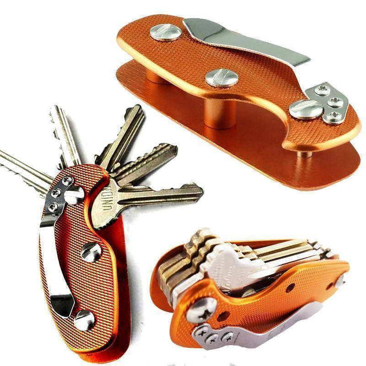 Compact aluminum EDC keychain organizer, lightweight folding design, black finish, holding multiple keys.