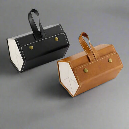 Durable black leather roll-up travel case protecting multiple pairs of glasses, an essential eyewear organizer.