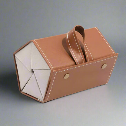 Front view of a sleek black leather multi-slot roll-up glasses case, ideal for secure eyewear storage.