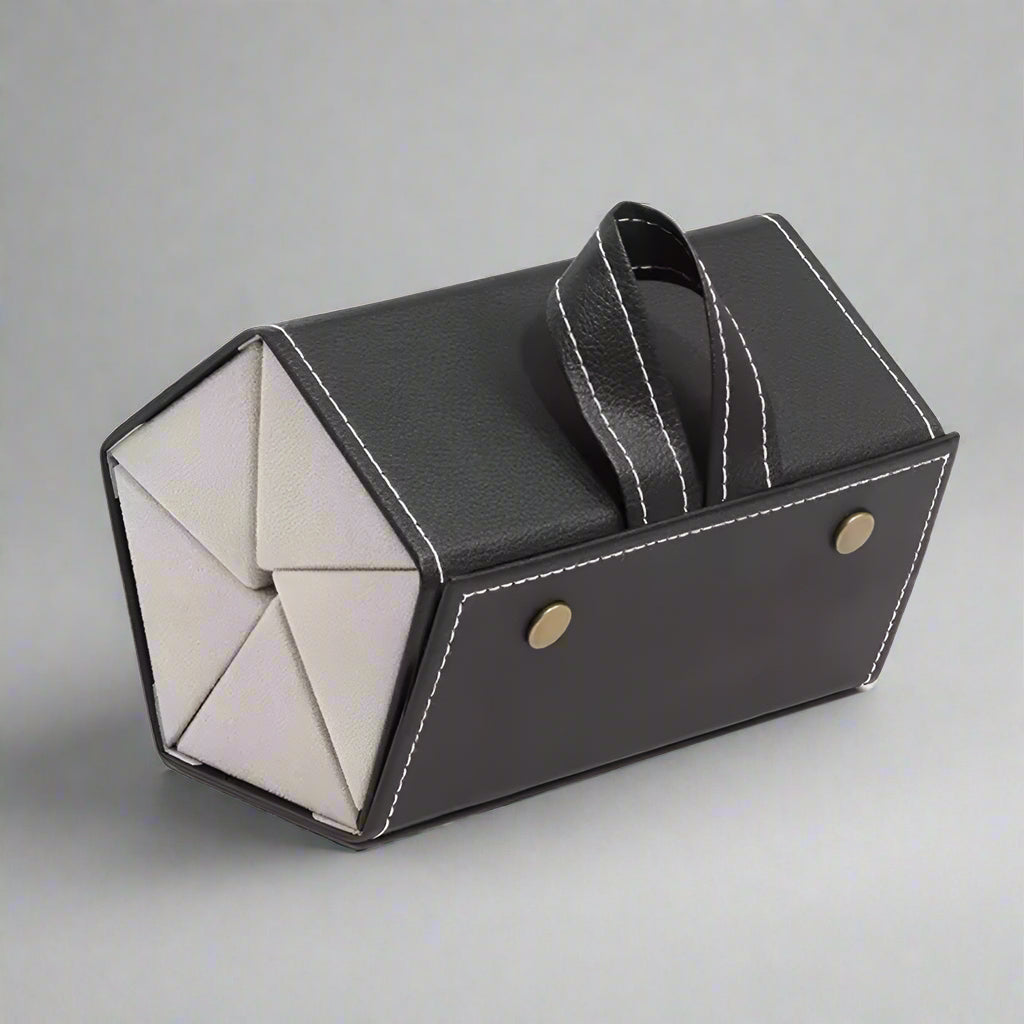 Premium brown leather roll-up eyewear holder, a versatile accessory for organizing and protecting multiple pairs of glasses.