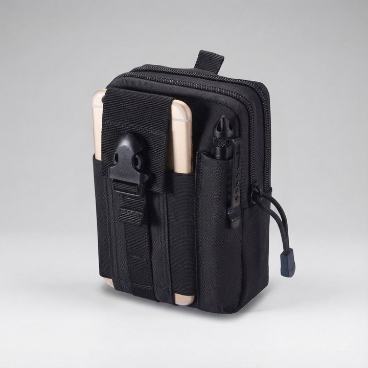 Rugged black tactical MOLLE pouch with secure zipper closure for outdoor adventures and utility organization.