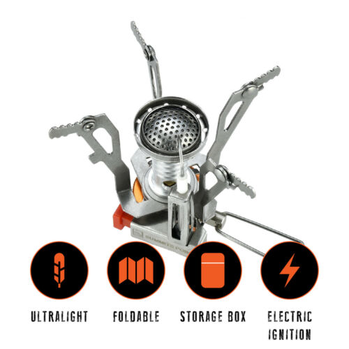 Portable gas camping stove with integrated piezo ignition, ideal for hiking and survival gear.