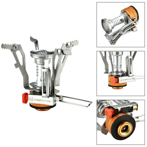 Backpacking stove, ultralight design with powerful burner and convenient piezo ignition for outdoor adventures.