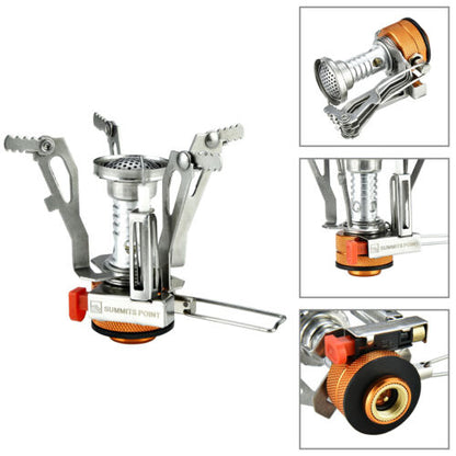 Backpacking stove, ultralight design with powerful burner and convenient piezo ignition for outdoor adventures.