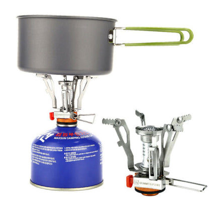 Outdoor cooking gear: a compact backpacking stove featuring piezo ignition and durable construction for reliable use.