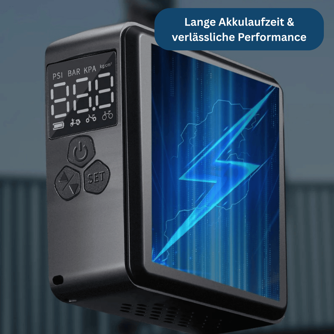 Compact electric air pump with various nozzle attachments, ideal for camping and inflatable toys.