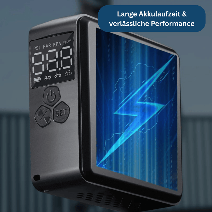Compact electric air pump with various nozzle attachments, ideal for camping and inflatable toys.