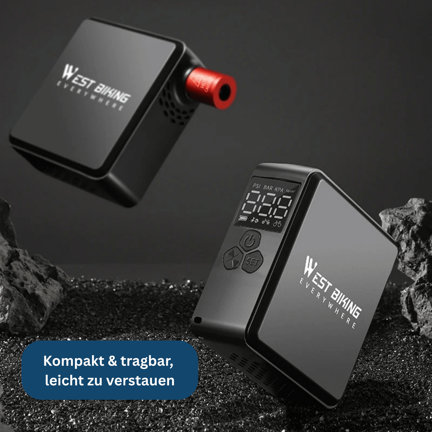 Mini portable car tire inflator, illustrating its small design next to a smartphone for scale.