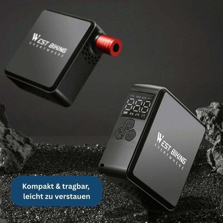 Mini portable car tire inflator, illustrating its small design next to a smartphone for scale.