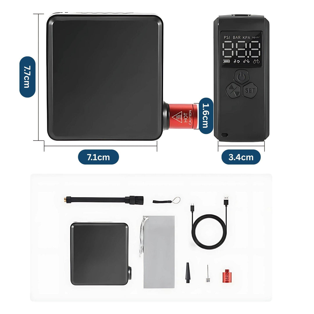 Durable compact electric air pump displayed with its charging cable and carrying pouch.