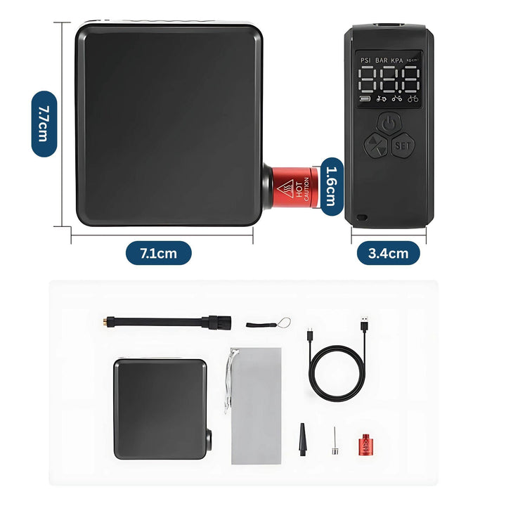 Durable compact electric air pump displayed with its charging cable and carrying pouch.