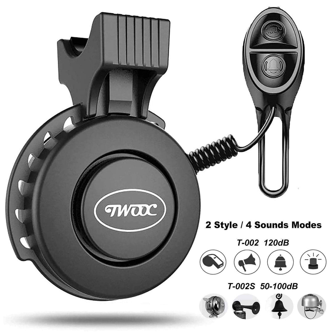 Compact electric bike horn, black, waterproof, rechargeable, for cycling safety.