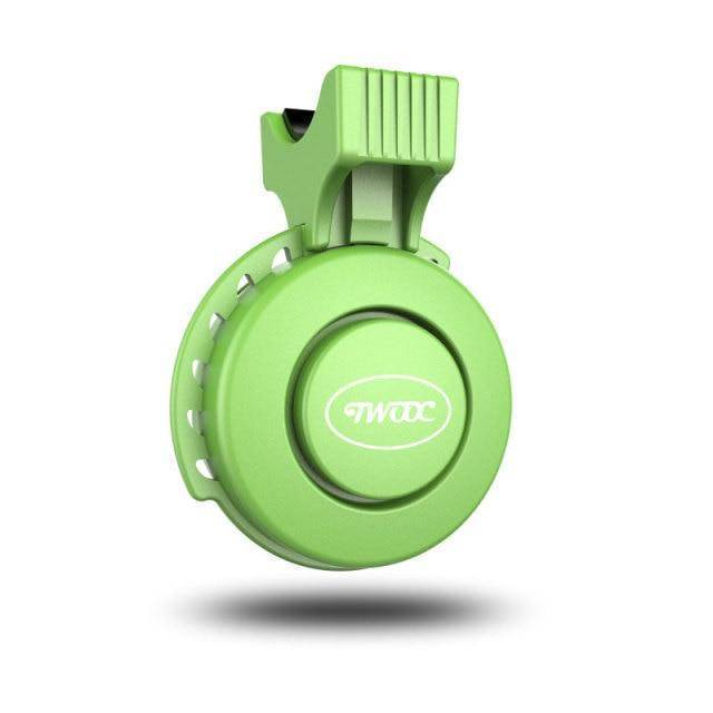 Loud electric bike horn with USB charging port, mounted on bicycle handlebar.