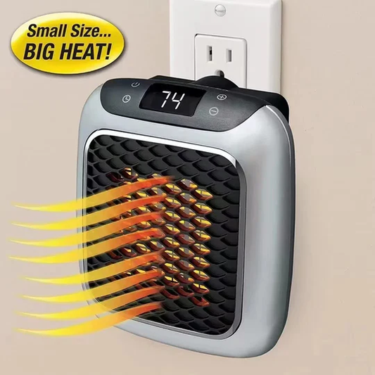Compact electric personal heater for small spaces, wall-mounted with digital display. Energy-efficient home comfort.