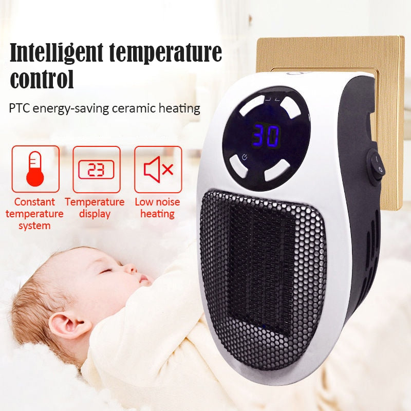 Small, personal electric heater, energy-efficient room warmer. Perfect compact space heater for desktop or under-desk use.