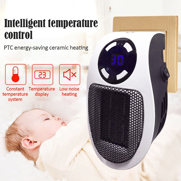Small, personal electric heater, energy-efficient room warmer. Perfect compact space heater for desktop or under-desk use.