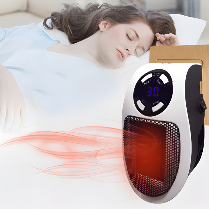 Unisex portable electric space heater warming a cozy home living space. Energy-efficient personal room warmer for comfort.