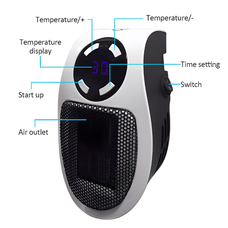 Sleek, black portable electric heater with simple controls for personal warmth. Compact space heater, efficient room warmer.