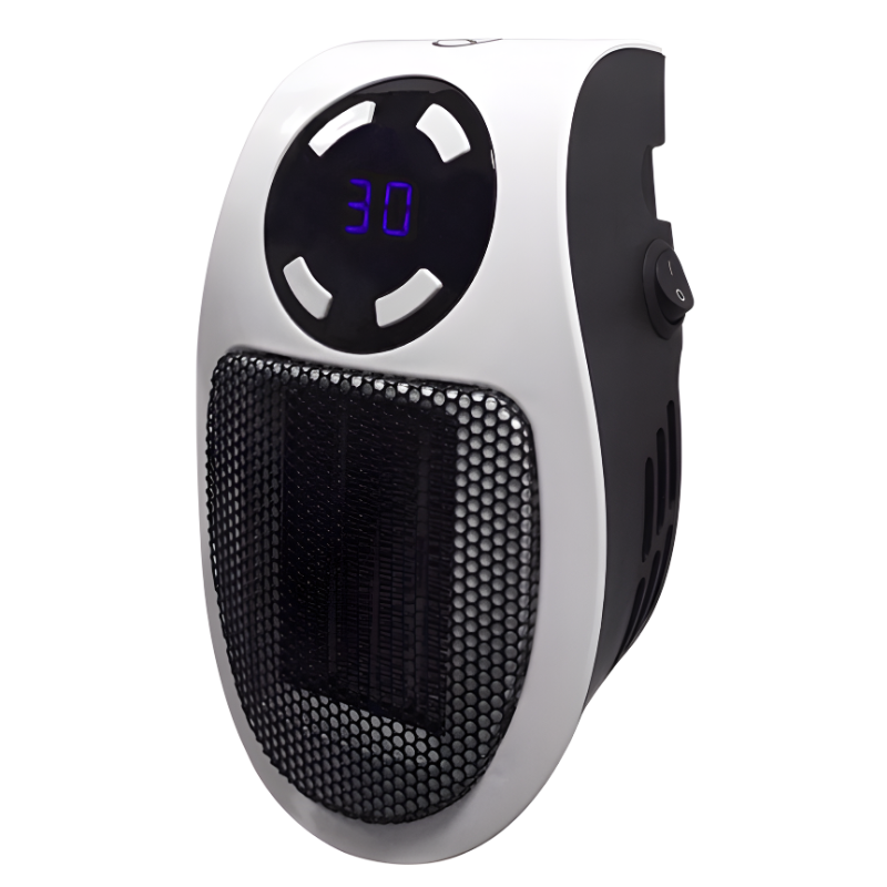 Energy-efficient portable electric heater, black, for personal warmth. Compact space heater, a cost-saving room warmer.