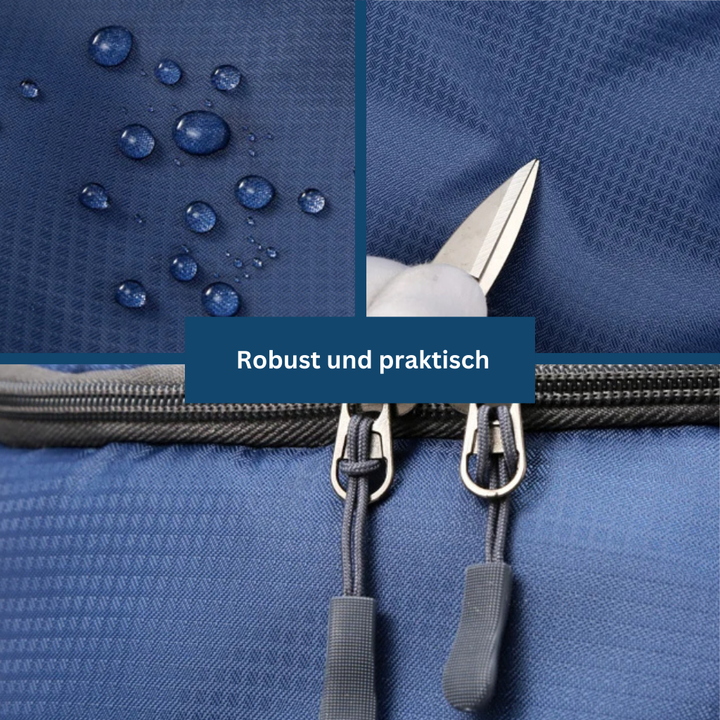 Close-up of the front pocket on a compact everyday travel backpack, high-quality zippers